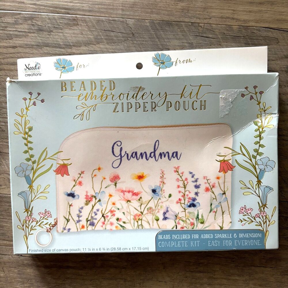 Grandma Beaded Embroidery Zipper Pouch 11" x 6" Kit Floral Needle Creations New
